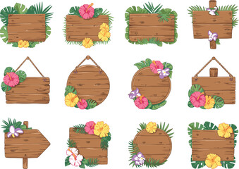 Tropical wooden signboards decorated with hibiscus and palm leaves vector illustration