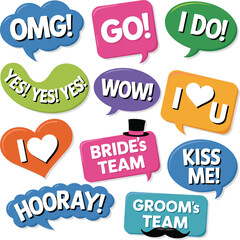 Wedding Speech Bubbles with Phrases and Icons Keywords: wedding, speech bubble, phrase, text