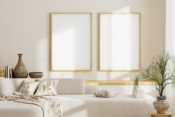 Japandi mock-up composition with beige sofa, bonsai plant, and rattan detail in warm neutral interior mood. 3D illustration.