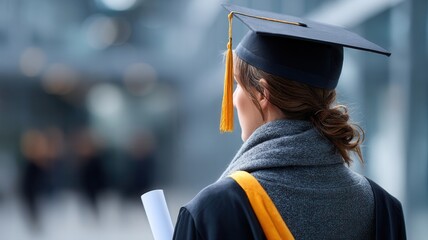 Graduate person wearing academic cap and gown, holding diploma, looking completing after towards future studies