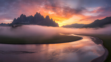 Vibrant sunrise over misty mountains with winding river reflection ultra detailed landscape.