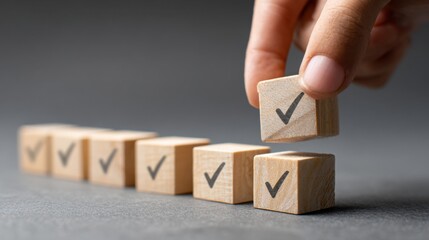 Hand places final checkmark wooden cube in sequence