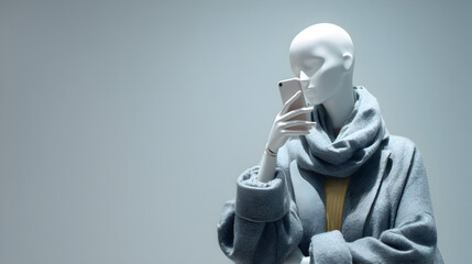 un fondo con espacio de copia para publicidad o campa&ntilde;a publicitaria con un maniqui usando un telefono celular tomandose una selfie 