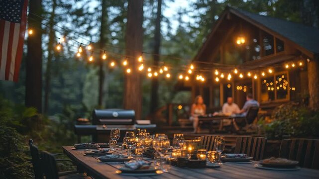 Cozy backyard BBQ party at a forest cabin with an American flag, set for an evening dinner under string lights. Ideal for holiday lifestyle ads, family gathering visuals, or food blogs