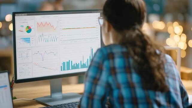 Medium shot of a human resources manager reviewing detailed reporting charts on a computer screen focusing on employee performance metrics