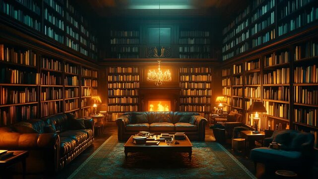 Elegant and cozy old library with a warm fireplace and walls of books. Dark academia aesthetic. Ideal for study visuals, audiobook backgrounds, or lofi music streams.