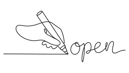 minimal one line illustration of hand writing open word with pencil, creativity concept, continuous line drawing for design and branding