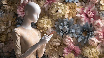maniqui de una mujer elegante sosteniendo y haciendo uso de un telefono celular tecnologia digital sobre una pared de flores elegantes modernas en tonos claros pastel 