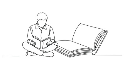 minimal line art illustration of man reading book while sitting on floor beside open book, education learning and knowledge concept sketch