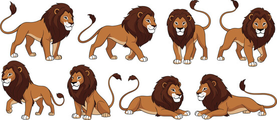 PrintVector illustration set featuring eight realistic adult male lions in various natural poses including standing, walking, sitting, and lying down for wildlife designs.