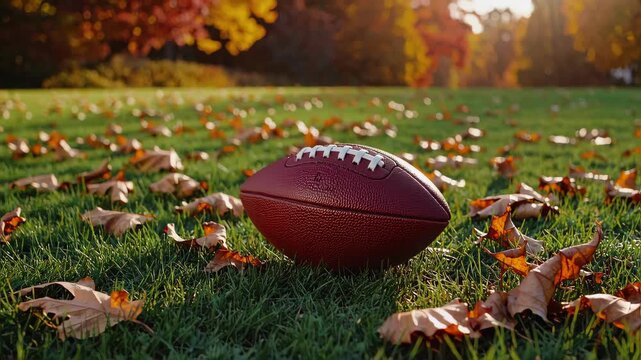close-up of an American football on green grass field, autumn leaves scattered around, fall season background with warm orange and yellow trees, natural sunlight