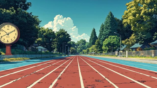 Moving along an empty running track on a beautiful summer day in a Japanese anime style. Ideal for lofi music, motivational content, or as a nostalgic background.