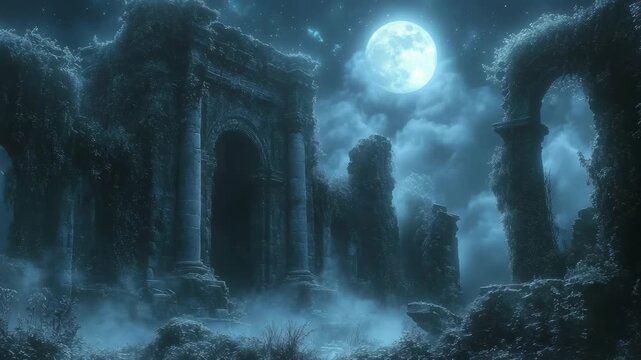 Mysterious ancient ruins overgrown with vines in a misty landscape under a full moon. A dark fantasy scene. Ideal for game backgrounds, horror intros, or fantasy book visuals.