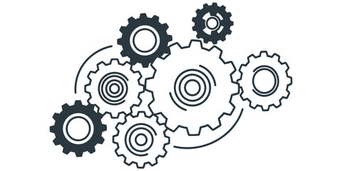 Linked Gear Wheels Mechanism Minimal Vector, Two Solid Colors, Mechanical Illustration