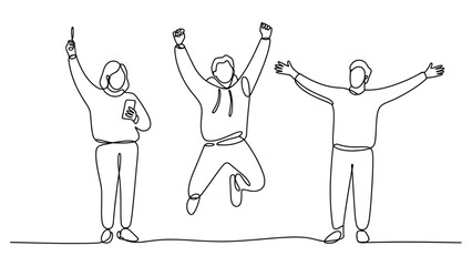 minimal line art illustration of happy people celebrating together, jumping and raising hands, teamwork success and community joy concept
