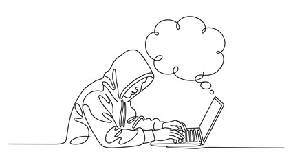 minimal line art illustration of anonymous hacker using laptop with thought bubble, cybersecurity concept, online privacy and digital threat sketch