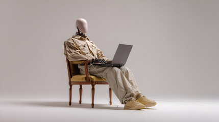 un maniqui sentado en una silla de trabajo escribiendo y usando una computadora para trabajar o estudiar uso de la tecnologia 