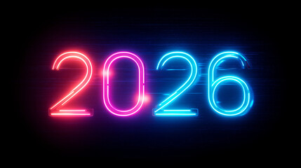 "2026" neon glowing numbers, cyberpunk aesthetic, electric blue and hot pink lights, holographic effect, futuristic sci-fi style, neon tubes forming digits