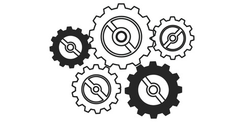 Linked Gear Wheels Mechanism Minimal Vector, Two Solid Colors, Mechanical Illustration