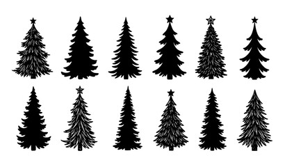 Hand drawn Christmas tree silhouettes set with fir and pine winter holiday vector