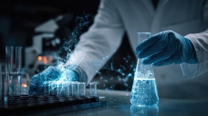 Scientist conducting experiment with glowing substance