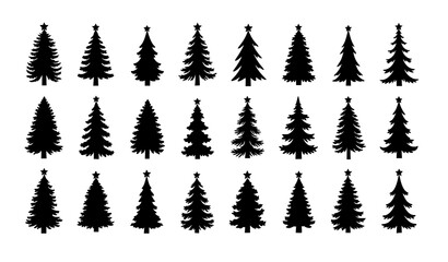 Minimal black Christmas tree silhouette collection hand drawn winter vector set