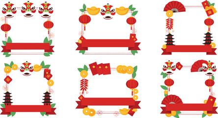 Vector set of six festive Chinese New Year decorative frames featuring red lanterns, firecrackers, gold coins, and traditional lion dance masks for holiday greetings. © MdShakil