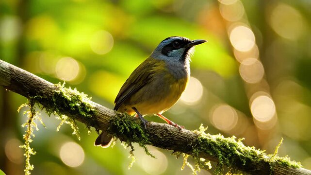 Gray-Necked Tanager Bird Perching on a Mossy Branch in Tropical Forest, Singing