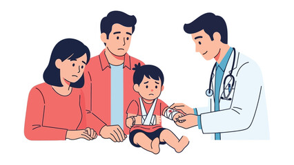 Obraz premium Broken Arm: A young child with a bandaged arm is consoled by his parents as a doctor tends to him, highlighting care.