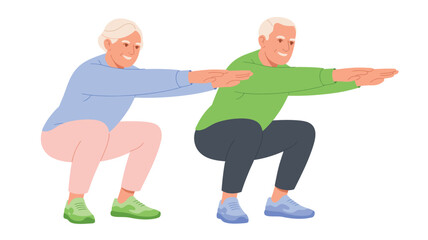 elderly fitness exercise illustration showing senior men doing squat workout, active aging, healthy lifestyle and physical training concept