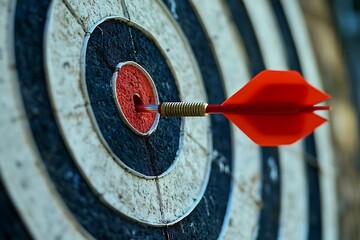 Bullseye hit with red dart on worn dartboard