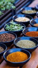 Fototapeta premium Row of vibrant spice bowls on a dark wooden surface, showing turmeric, paprika, cumin, and herbs. Aromas rise