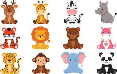 Obraz premium Adorable vector set of twelve cute kawaii sitting baby animal characters including a panda, elephant, lion, and monkey for nursery and children's designs.