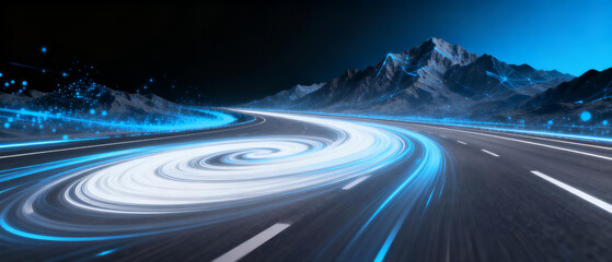 Winding road with light trails