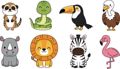 Fototapeta premium Vector illustration set of eight cute kawaii safari animal characters including a meerkat, toucan, lion, and zebra for nursery and children's designs.