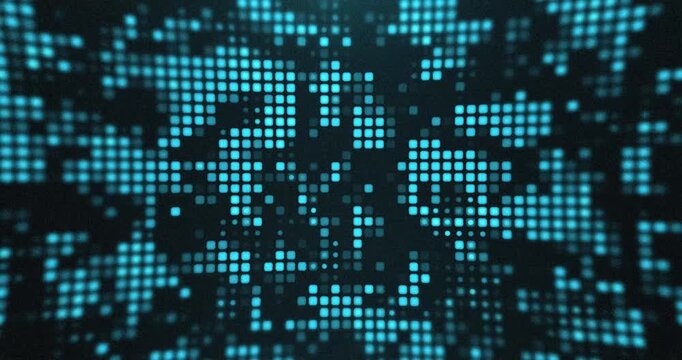 Abstract blue digital grid made of glowing pixels and squares, futuristic data visualization background representing technology, network and information flow.
