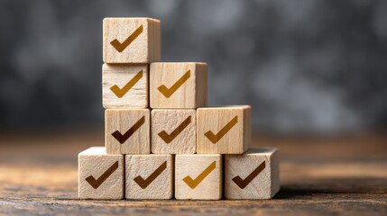 Wooden blocks with checkmarks in ascending order