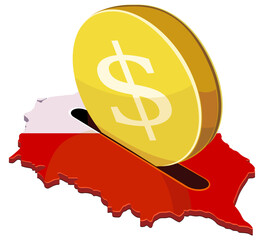 A large gold dollar coin being inserted into a slot on a map of Poland with its national flag colors. Concept for investment, economy, or financial savings in Poland. (cut out)