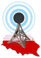 A communication tower on a map of Poland with national flag colors. Blue concentric circles symbolize signal transmission and connectivity. (cut out)