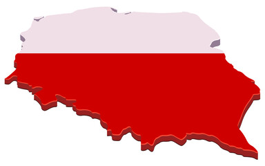 Map of Poland painted with the national white and red flag colors. Perspective view of the country's borders. (cut out)