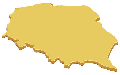 3D map of Poland in a solid yellow color. Perspective view of the country's borders. (cut out)