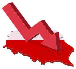 A red downward arrow crashing into a map of Poland with national flag colors. Symbolizes economic crisis, market crash, or financial recession in the country. (cut out)