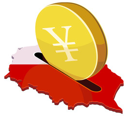A large gold yen coin being inserted into a slot on a map of Poland with its national flag colors. Concept for investment, economy, or financial savings in Poland. (cut out)
