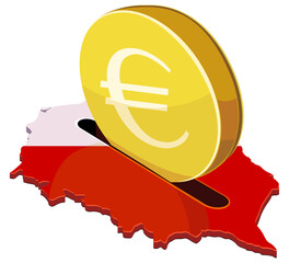 A large gold euro coin being inserted into a slot on a map of Poland with its national flag colors. Concept for investment, economy, or financial savings in Poland. (cut out)