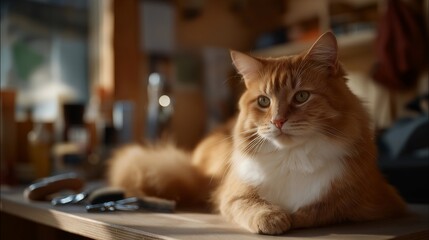 A cat sitting calmly on a grooming table while a professional trims fur around its paws, soft brushes and clippers arranged neatly — pet salon service, feline grooming care, and professional animal