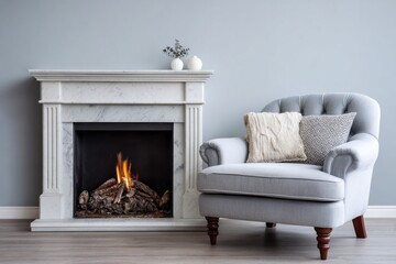Comfortable upholstered armchair sits beside a lit marble fireplace in a domestic setting