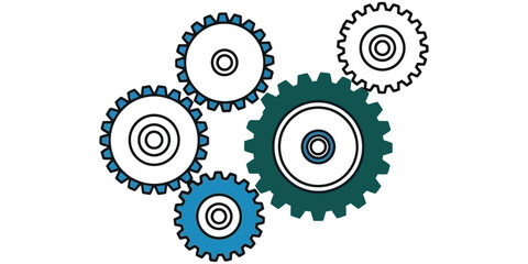 Linked Gear Wheels Mechanism Minimal Vector, Two Solid Colors, Mechanical Illustration