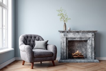 Elegant upholstered armchair sits beside a decorative marble fireplace in a room with soft lighting
