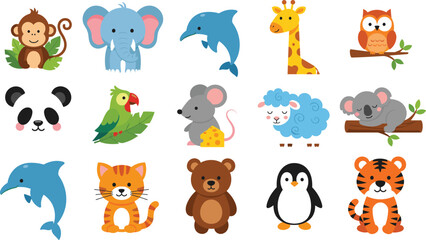 Obraz premium Vector illustration collection of fifteen diverse cute kawaii animal characters including a panda, penguin, koala, dolphin, and tiger for children's nursery and playful designs.