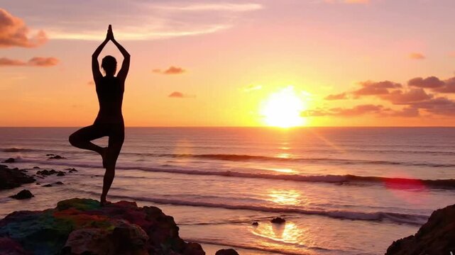 Silhouette of woman practicing yoga tree pose on rock by the ocean during beautiful sunset